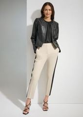 Dkny Womens Collarless Faux Leather Open Front Jacket Essex Tuxedo Stripe Ankle Pants