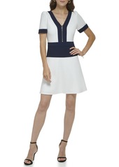 DKNY Women's Color Block Scuba Crepe Fit and Flare Dress CRM/NVY