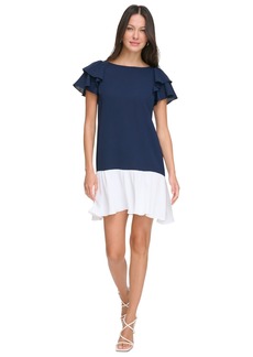 Dkny Women's Colorblocked Flutter-Sleeve Dress - Navy/Cream