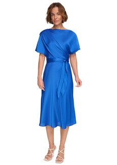Dkny Women's Cowlneck Dolman-Sleeve Belted Midi Dress - Sapphire