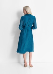 Dkny Women's Crinkle Polo-Collar Tie-Waist Dress - Teal Glass