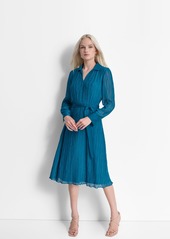 Dkny Women's Crinkle Polo-Collar Tie-Waist Dress - Teal Glass