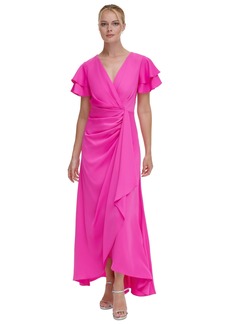 Dkny Women's Double Flutter-Sleeve Cascading Gown - Power Pink