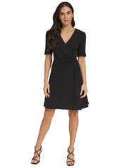 Dkny Women's Draped-Front Puff-Shoulder A-Line Dress - Black