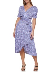 DKNY Women's Rouched Sleeve Faux Wrap Dress Berry Blue