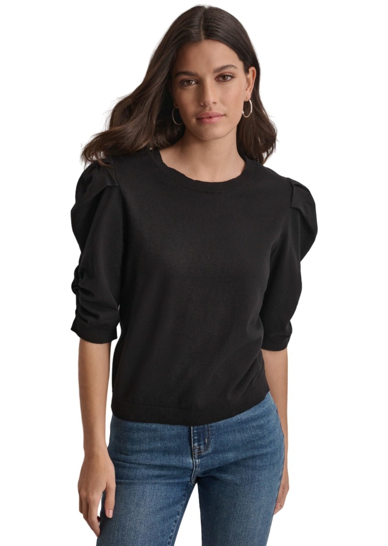 DKNY Women's Elbow Sleeve Crew Neck Puff Shoulder Jeans Sweater