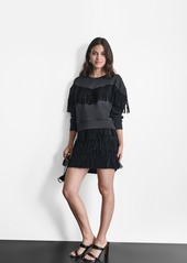 Dkny Women's Embellished-Fringe Long-Sleeve Crewneck Top - Black