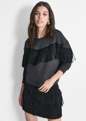 Dkny Women's Embellished-Fringe Long-Sleeve Crewneck Top - Black