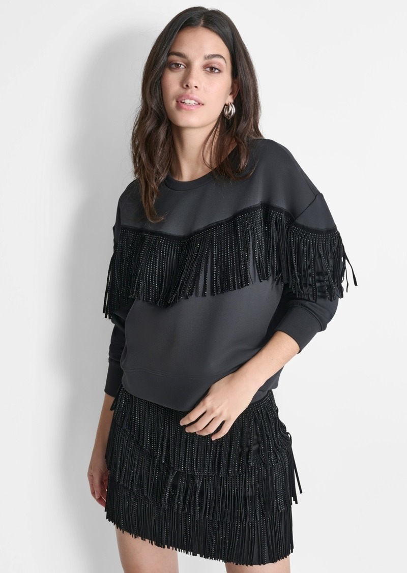 Dkny Women's Embellished-Fringe Long-Sleeve Crewneck Top - Black