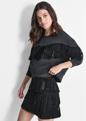 Dkny Women's Embellished-Fringe Long-Sleeve Crewneck Top - Black