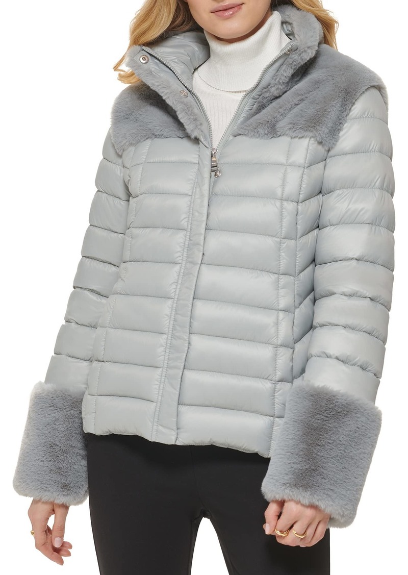DKNY Women's Faux Fur Cuffed Sleeve Puffer Jacket