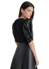 Dkny Women's Faux-Leather Puff-Sleeve Blouse - Black