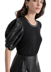 Dkny Women's Faux-Leather Puff-Sleeve Blouse - Black