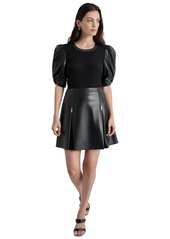 Dkny Women's Faux-Leather Puff-Sleeve Blouse - Black