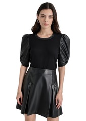 Dkny Women's Faux-Leather Puff-Sleeve Blouse - Black