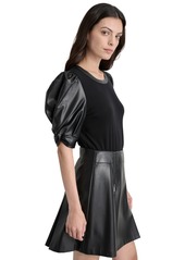 Dkny Women's Faux-Leather Puff-Sleeve Blouse - Black