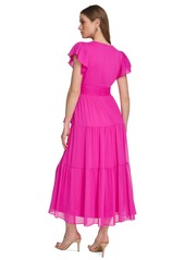 Dkny Women's Faux-Wrap Cap-Sleeve Tiered Midi Dress - Power Pink
