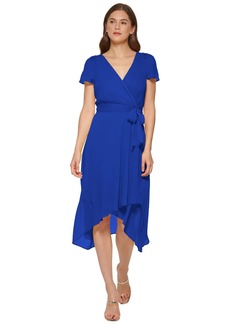DKNY Women's Short Sleeve Asymmetrical Hem Faux Wrap Dress