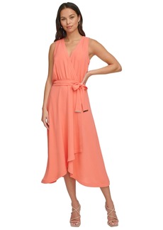 Dkny Women's Faux-Wrap Sleeveless Tie-Waist Midi Dress - Orange