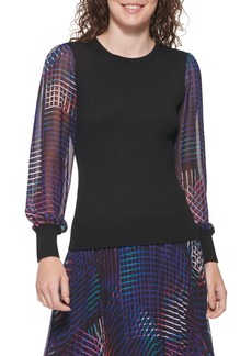 DKNY Women's Figure-Flattering Rib Cuff Sheer Sleeve Sportswear Sweater