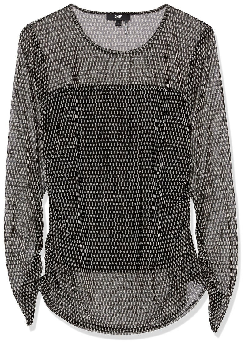 DKNY Women's Figure-Flattering Rib Cuff Sheer Sleeve Sportswear Sweater BLK/Ivry Combo