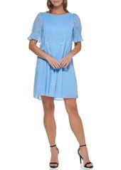 DKNY Women's Pleated Front Cinch Sleeve Flowy Dress