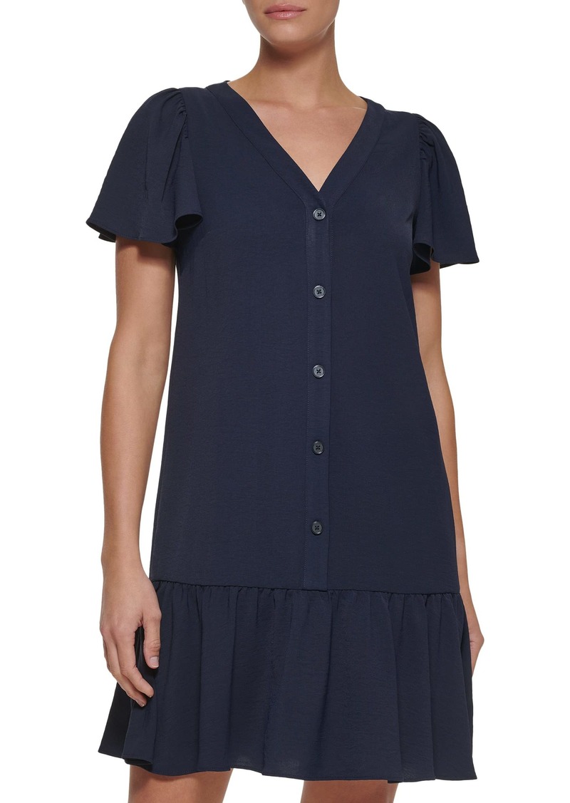 DKNY Women's Front Button Ruffle Hem Short Sleeve V-Neck Dress Navy Skies