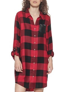 DKNY Women's Flannel Elevated Jeans Woven Top Black/Salsa RED