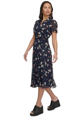Dkny Women's Floral Chiffon Polo-Collar Midi Dress - Navy Multi