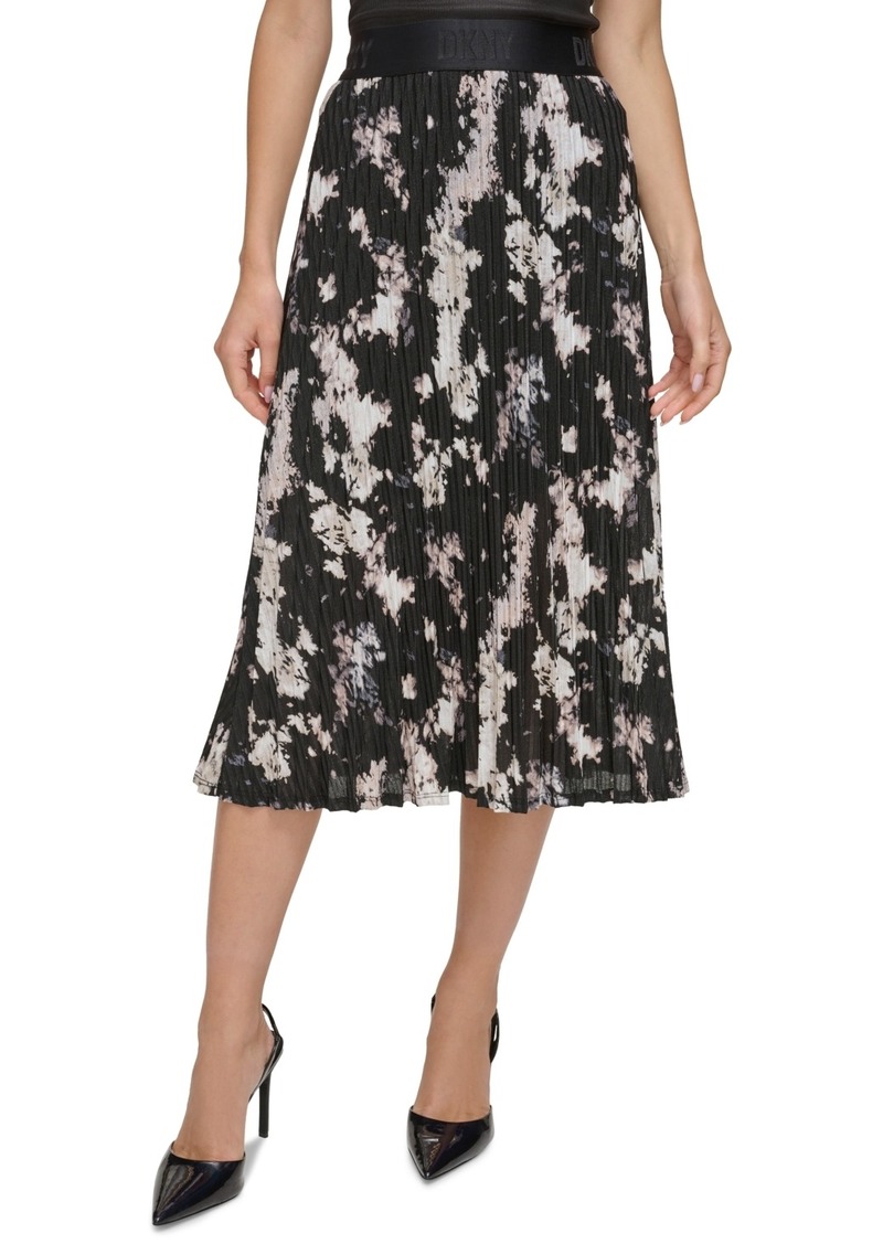 Dkny Women's Floral-Print Pleated Pull-On Midi Skirt - Bk/pearl I