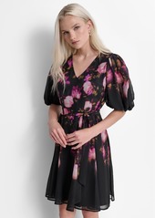 Dkny Women's Floral Tie-Waist Balloon-Sleeve Dress - Raisin Mul