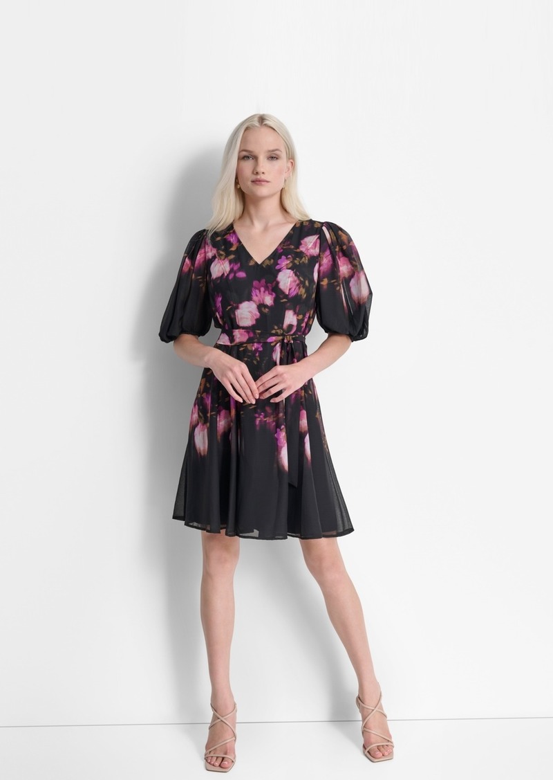 Dkny Women's Floral Tie-Waist Balloon-Sleeve Dress - Raisin Mul