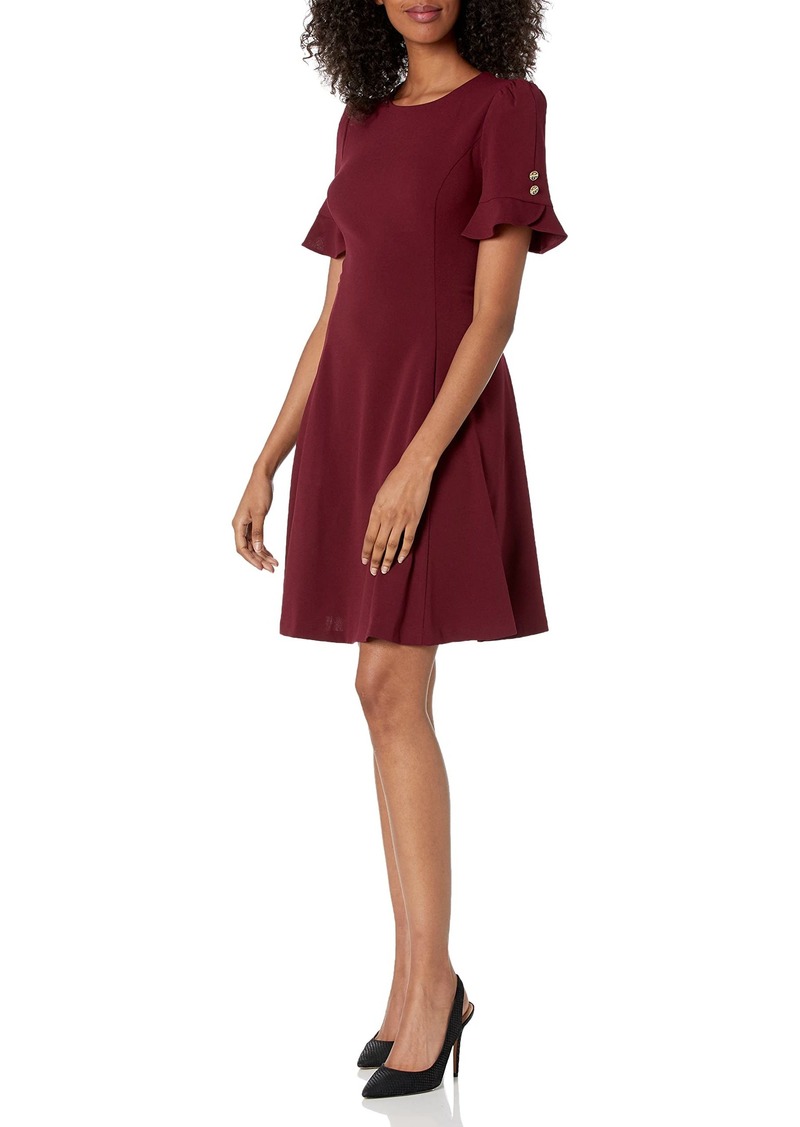 DKNY Women's Flounce Sleeve Fit and Flare with Belt Dress