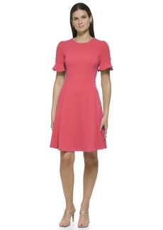 DKNY Women's Flounce Sleeve with Button Fit and Flare Dress