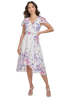 Dkny Women's Flutter-Sleeve Faux-Wrap Midi Dress - Cream/Pink