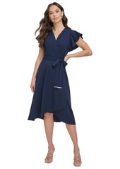Dkny Women's Flutter-Sleeve Tie-Waist Faux-Wrap Dress - Navy