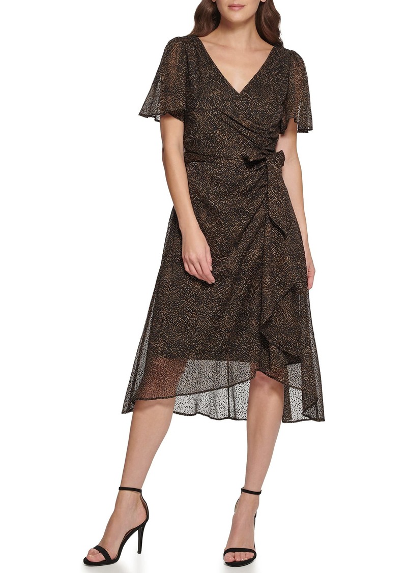 DKNY Women's Flutter Sleeve V-Neck Dress BLK/Gold