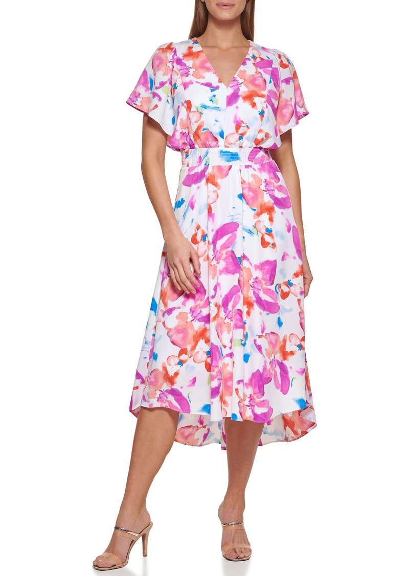 DKNY Women's Flutter Sleeve V Neck Dress  Large