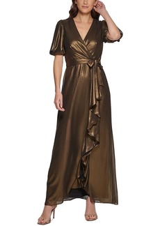 DKNY Women's Foil Chiffon Ruffle Skirt V-Neck Dress BLK/Gold