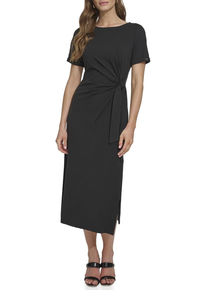 DKNY Women's Front Tie Boat Neck Short Sleeve Dress