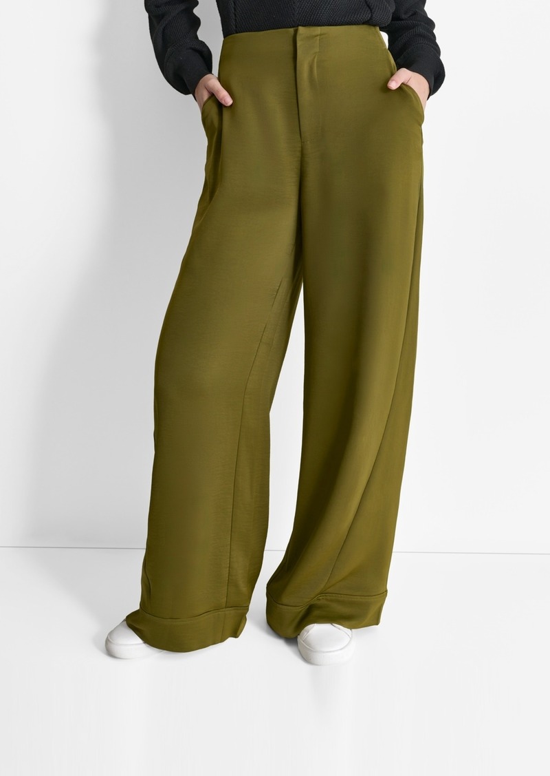 Dkny Women's Glazed High Rise Seamed-Cuff Wide-Leg Pants - Dark Olive