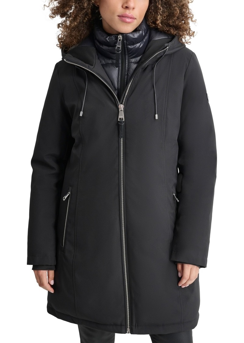 Dkny Womens Hooded Bibbed Zip-Front Puffer Coat - Black