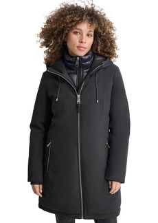 Dkny Womens Hooded Bibbed Zip-Front Puffer Coat - Black