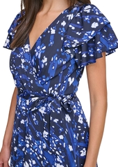 Dkny Women's Layered Flutter-Sleeve Tie-Waist Dress - Navy Multi