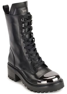 DKNY Women's Leather Smooth Metal-Cap-Toe Boot Combat BLK/DK Gun