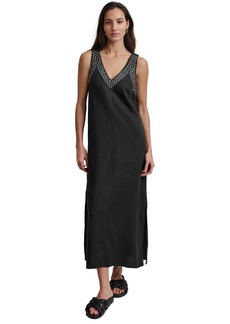 Dkny Women's Linen Studded V-Neck Sleeveless Maxi Dress - Black