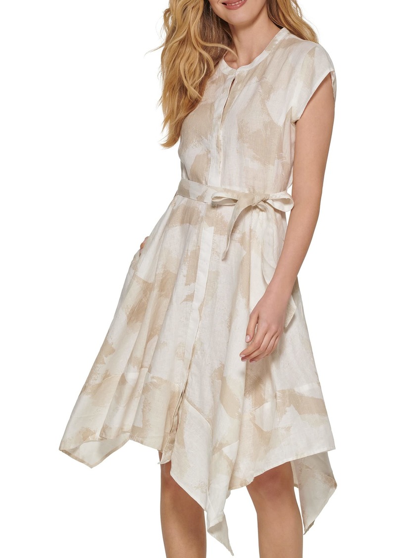 DKNY Women's Linen Tie Waist Fit and Flare Dress