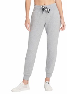 DKNY Women's Jogger Sweatpant with Pockets Pearl Grey Heather Fleece with Two Tone Logo Drawcord XL