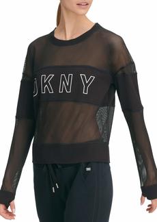 DKNY Women's Panel Crewneck Pullover Black Sheer Mesh with Logo Detail XS