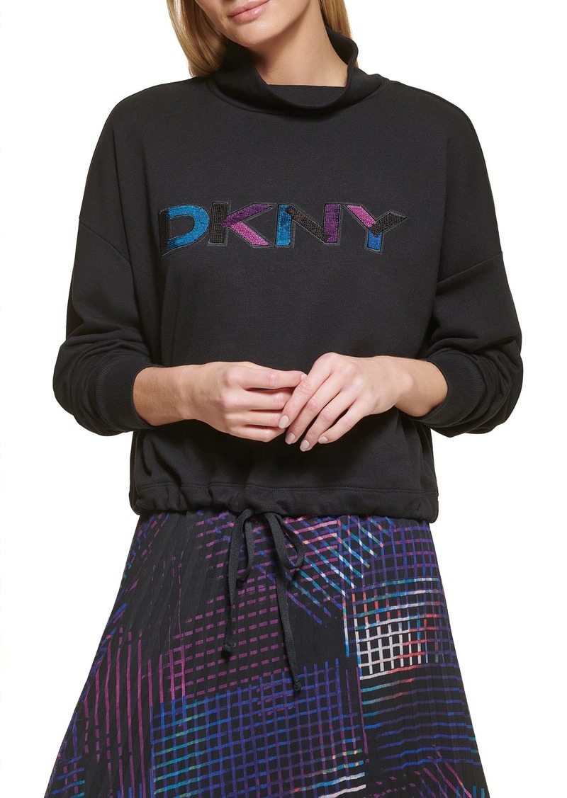 DKNY Women's Logo Mock Neck Sequin Sportswear Sweatshirt